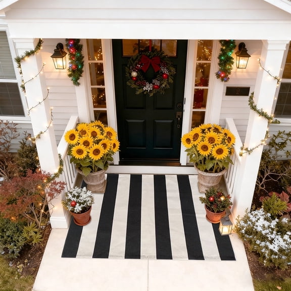 VEGCOO Striped Cotton Blend Doormat, Black and White, 27 x 43 inch
