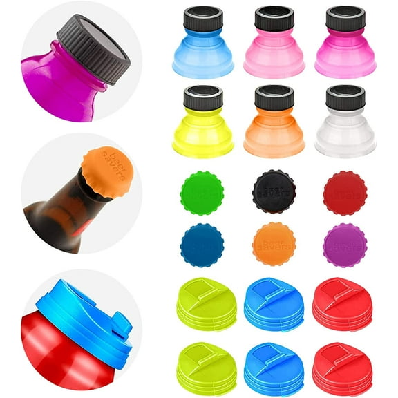 VEGCOO Bottle Lids Set, 6 Pcs Soda Can Lids + 6 Pcs Can Covers + 6 Pcs Silicone Beer Bottle Caps, Spill-proof Bottle Tops for Soda, Beer, Juice,Reusable Fizz Lids