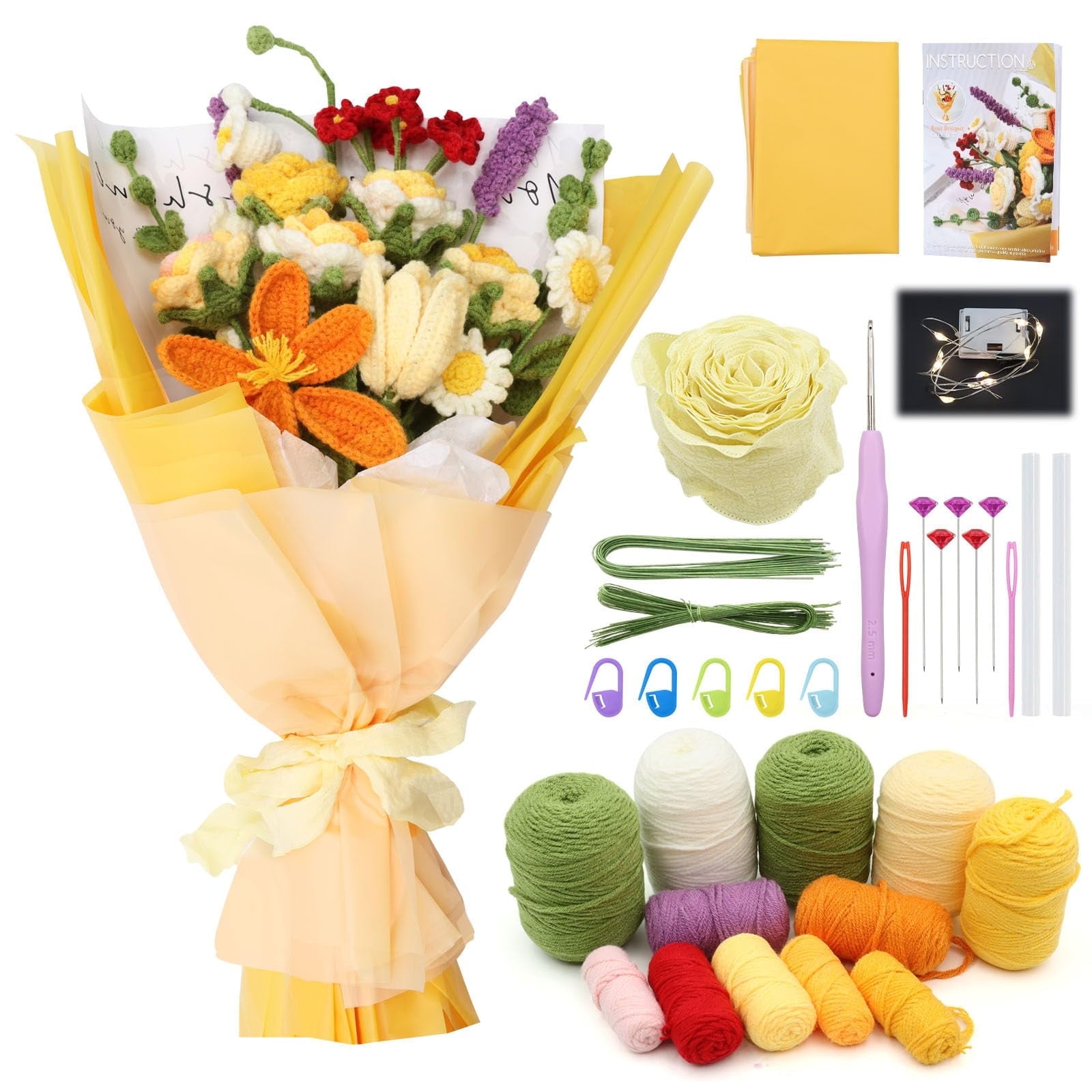 VEGCOO Crochet Flower Bouquet Kit Flower Crochet Kit for Beginners Adults Crochet Knitting Kit with Step-by-Step Video and Yarn Tools, Beginner Crochet Flowers Kit for Birthday Mother's Day Gift