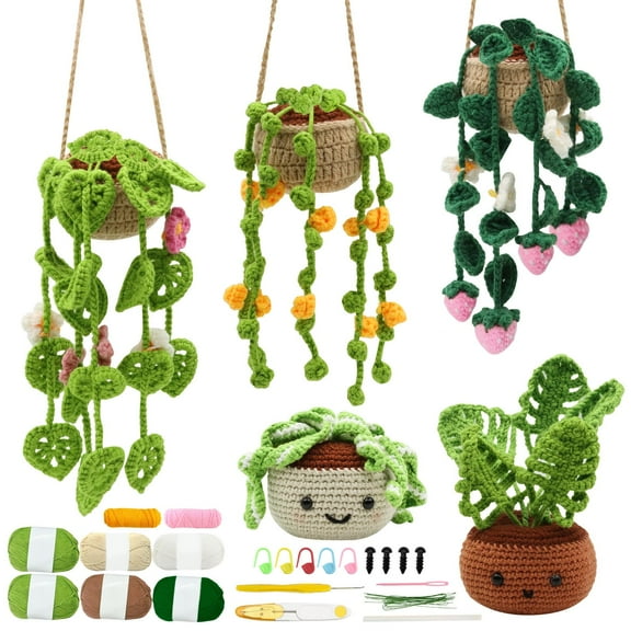VEGCOO Crochet Kit for Beginners 5 Pcs Potted and Hanging Plant Crochet Kit Flowers Knitting Kit for Adults Learn to Crochet Including Yarn Tools and Video Tutorials, DIY Crocheting Craft Gifts
