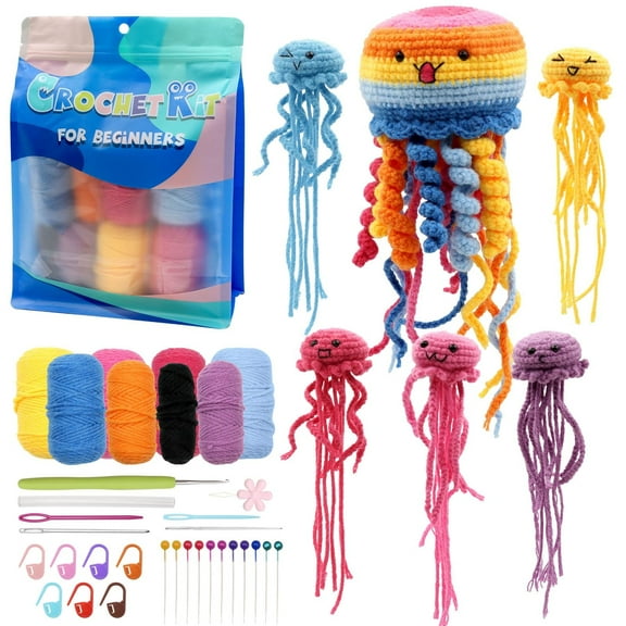 VEGCOO Rainbow Jellyfish Crochet Kit - Beginner DIY Craft Set Makes 6 Adorable Jellyfish Decorations