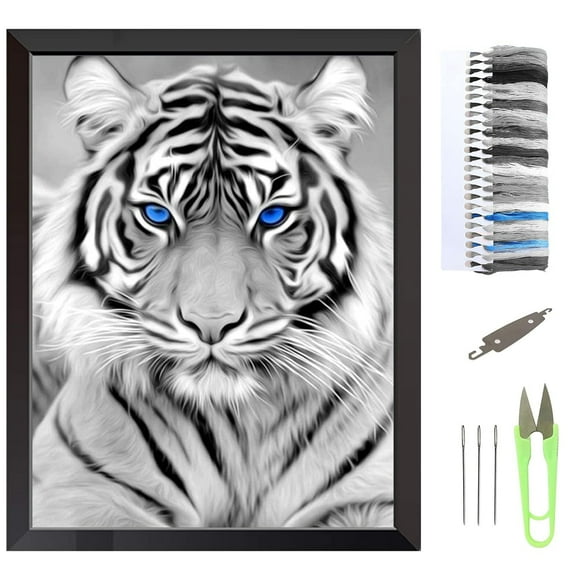 VEGCOO Embroidery Cross Stitch Kits for Beginners Adults, Pre-Printed Stamped Cute Bear Embroidery Kits 11CT Needlework Kit DIY Artwork for Adults Kids Girls Home Wall (White Tiger,30x40cm)