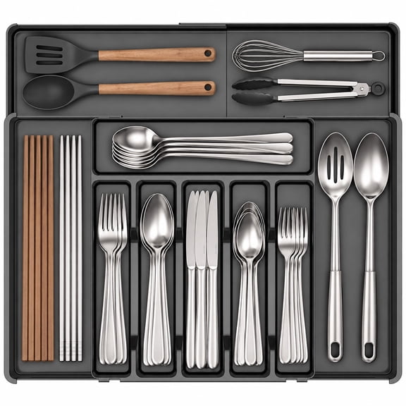 VEGCOO Expandable Silverware Drawer Organizer, Adjustable Utensil Tray Organizer and Silverware Tray, Cutlery Drawer Organizer with 9 Compartments,Large, Black