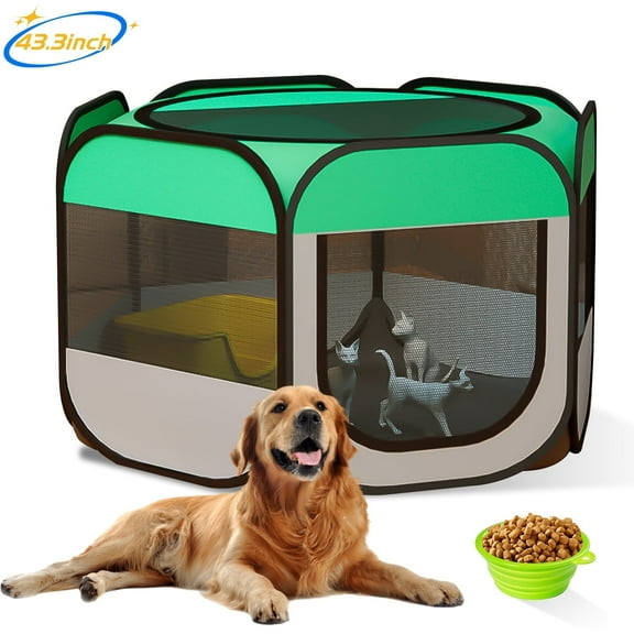 VEGCOO 43.3in Pet Playpen Pop-Up Dog Playpen, Folding Soft Dog Crate Portable Waterproof Outdoor Playpen for Dog Cat Chicken Recovery w/Bowl, Durable for Travel