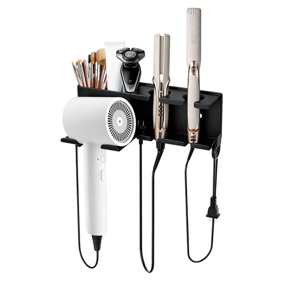 VEGCOO Hair Dryer Holder Wall Mounted, Muti-Function Hair Tool Organizer, Space-Saving Blow Dryer Holder for Bathroom,3 in1 Metal Hair Dryer Rack for Blow Dryer, Curling Iron, Straightener,Black