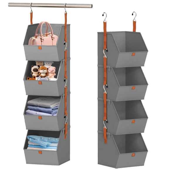 VEGCOO Hanging Closet Organizer 4 Tier – Clothes Hanging Shelves, Space-Saving Fabric Storage Bins for Bedroom, Collapsible Baskets for Home Dorm RV, Heavy Duty, Gray