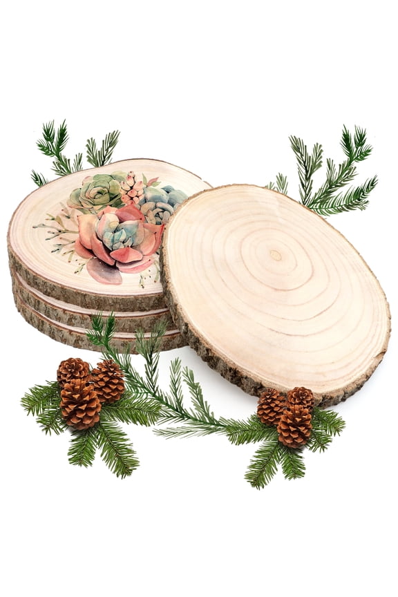 Large Wood Slices 4 Pcs 11-13 Inches Unfinished Wood Rounds, Natural Paulownia Wood Slices for Centerpieces, Wood Pieces Decoration with Bark, DIY Wooden Ornaments for Wedding, Painting