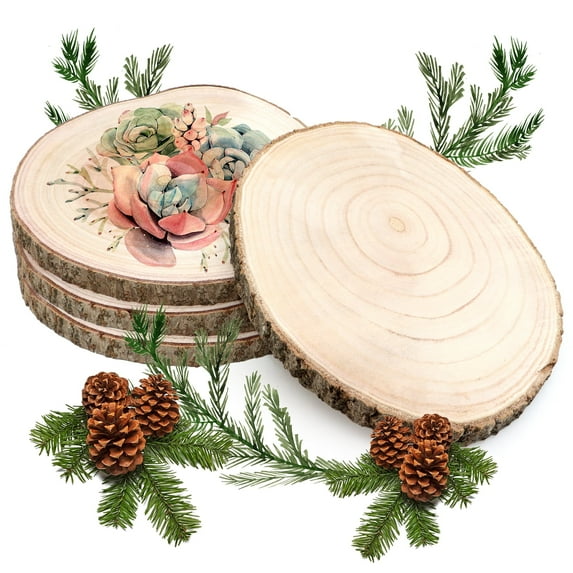 VEGCOO Large Wood Slices 4 Pcs 11-13 Inches Unfinished Wood Rounds, Natural Paulownia Wood Slices for Centerpieces, Wood Pieces Decoration with Bark, DIY Wooden Ornaments for Wedding, Painting