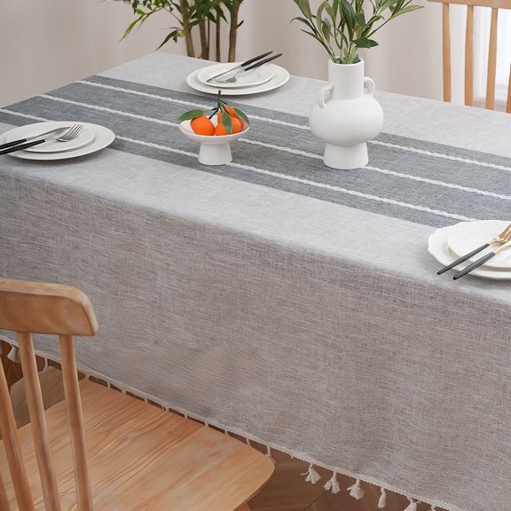 VEGCOO Linen Tablecloth 55x70 Inch, Gray Wide Hem Waterproof & Oil-Proof Washable Rectangle Table Cloth, Farmhouse Rustic Design, Stain-Resistant Non-Slip Wrinkle-Free for Dining Kitchen Outdoor