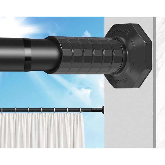 VEGCOO Tension Curtain Rod 51-128 Inches, Heavy Duty No Drill Adjustable Rod with 12 Black Rings for Patio, Shower Curtain Rod No Drilling for Bathroom Easy to Install, Black