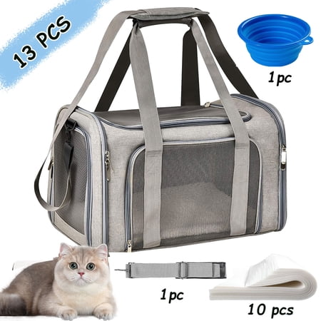 VEGCOO Pet Carrier Set, for Small Medium Cats and Puppies up to 15 lbs, Airline Approved Foldable Travel Carrier with Shoulder Pads, Pet Diaper (10 Pieces) and Blue Folding Bowl, Gray