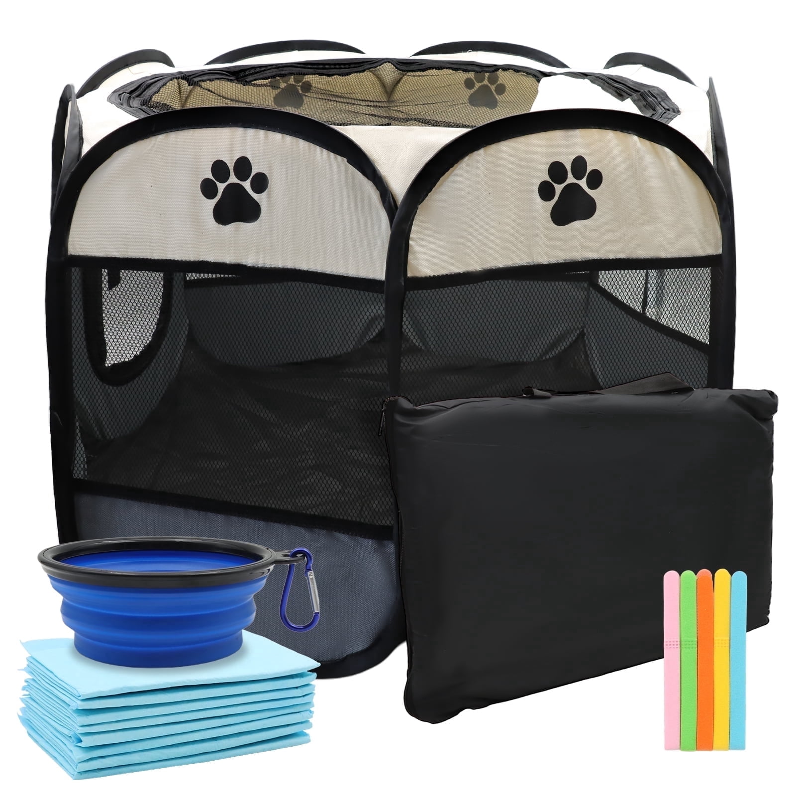SPOKKI Pet Playpen Tent for Dogs & Cats, Portable Foldable Kennel with Carry Bag, 10 Pee Pads, Collapsible Bowl & ID Collars – Silver Gray, 29" x 18.5" (Indoor/Outdoor Use)