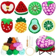 VEGCOO Punch Needle Kit Coasters 8 Patterns Punch Needle Kits Adults Beginner with Yarns Hoop Tools Punch Needle Embroidery Kits for Adults Starter DIY Crafts Needle Punch Kit Tufted Coasters Fruit