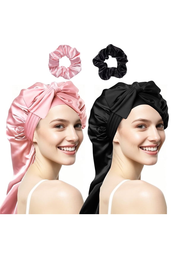 2 PCS Silk Hair Bonnets for Long Hair Extra Long Shower Cap for Curls & Braids, Bonus 2 Headbands (Total 4 Pieces)
