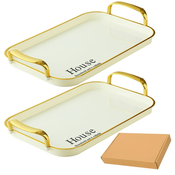 VEGCOO Serving Tray with Handles Set of 2 Rectangular Large Serving Platters 16.7 Inch White Plates for Dinner, Party, Entertaining