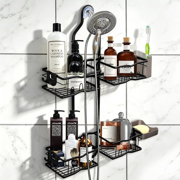 VEGCOO Over The Shower Head Caddy - 2 Tier Hanging Rustproof Metal Shower Organizer with Integrated Toothbrush Holder & Soap Dish, No Drill Adjustable Bathroom Shelf, for Shampoo, Loofah, Razors