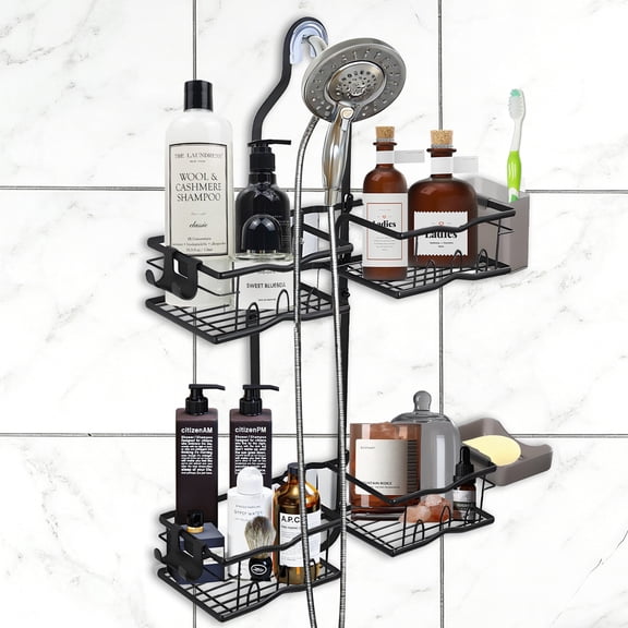 VEGCOO Over The Shower Head Caddy - 2 Tier Hanging Rustproof Metal Shower Organizer with Integrated Toothbrush Holder & Soap Dish, No Drill Adjustable Bathroom Shelf, for Shampoo, Loofah, Razors