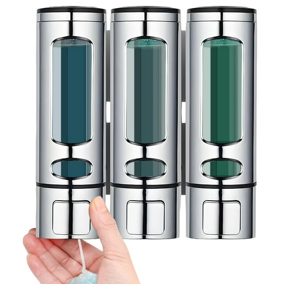 VEGCOO Silver Three-Head Soap Dispenser Manual Pump Shampoo and Conditioner Dispenser (Including Punch-Free Sticker, Screwdriver, Label, Suitable for Bathroom Wall, Kitchen Wall, Hotel Shower)