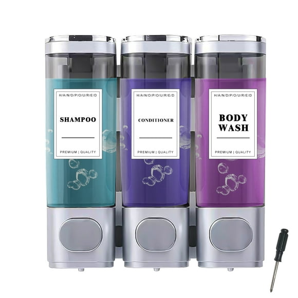 VEGCOO Silver Three-Head Soap Dispenser – Manual Pump Shampoo and Conditioner Dispenser (Including Punch-Free Sticker, Screwdriver, Label, Suitable for Bathroom Wall, Kitchen Wall, Hotel Shower)