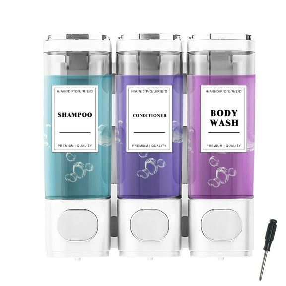 VEGCOO White Three-Head Soap Dispenser – Manual Pump Shampoo and Conditioner Dispenser (Including Punch-Free Sticker, Screwdriver, Label, Suitable for Bathroom Wall, Hotel Shower)