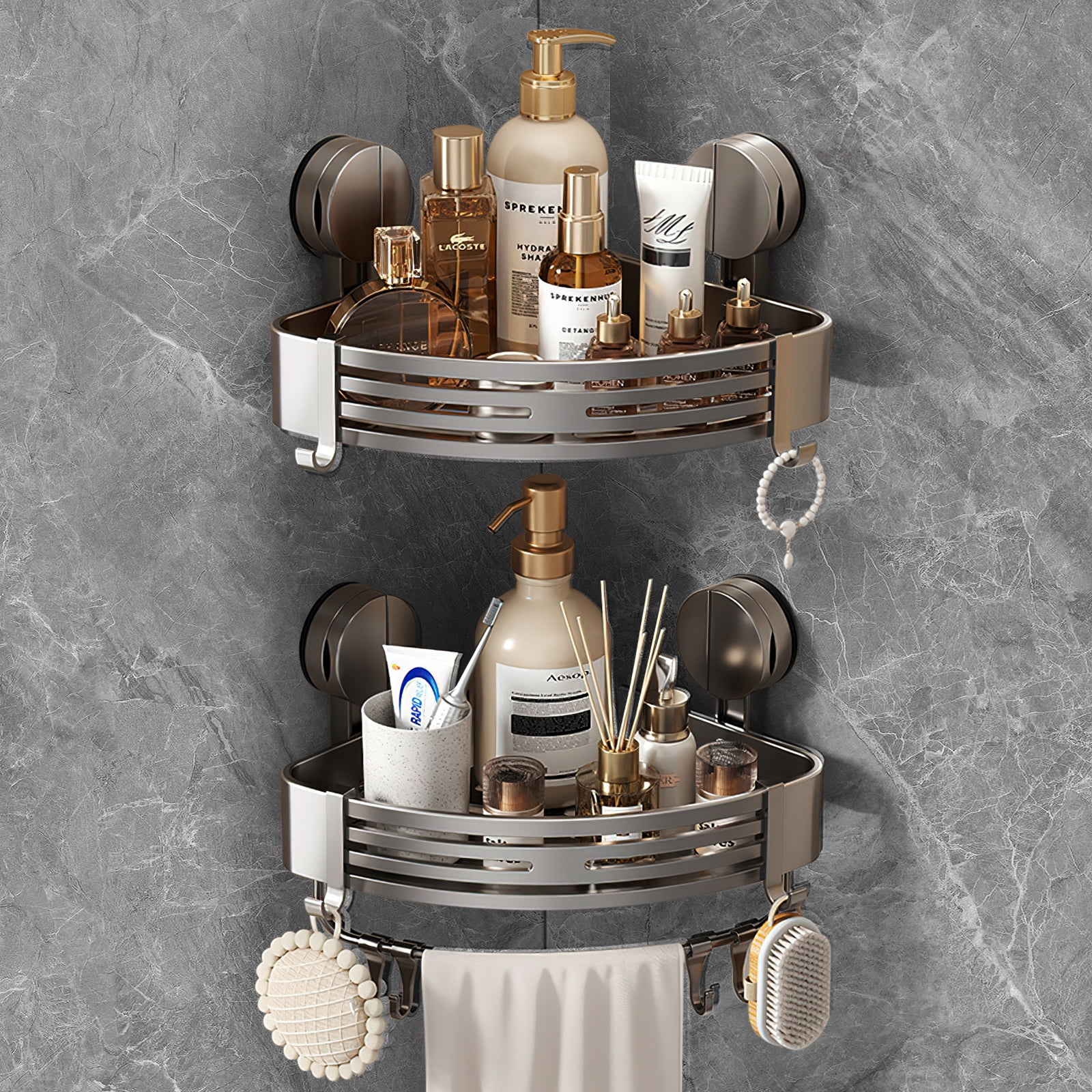 VEGCOO Tall 2-Tier Corner Shower Caddy with Suction Cups, No Drill Bathroom Organizer with Towel Bar and Hooks, Gunmetal Grey Shower Organizer for Bathroom, Kitchen Sink, Storage for Shampoo, Soap