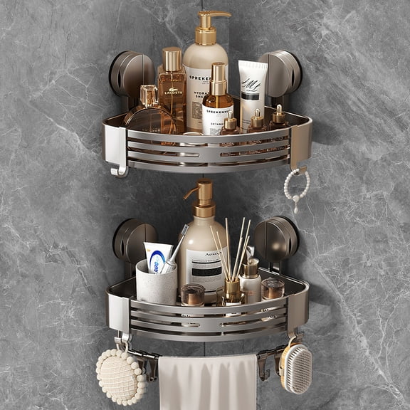 VEGCOO Tall 2-Tier Corner Shower Caddy with Suction Cups, No Drill Bathroom Organizer with Towel Bar and Hooks, Gunmetal Grey Shower Organizer for Bathroom, Kitchen Sink, Storage for Shampoo, Soap
