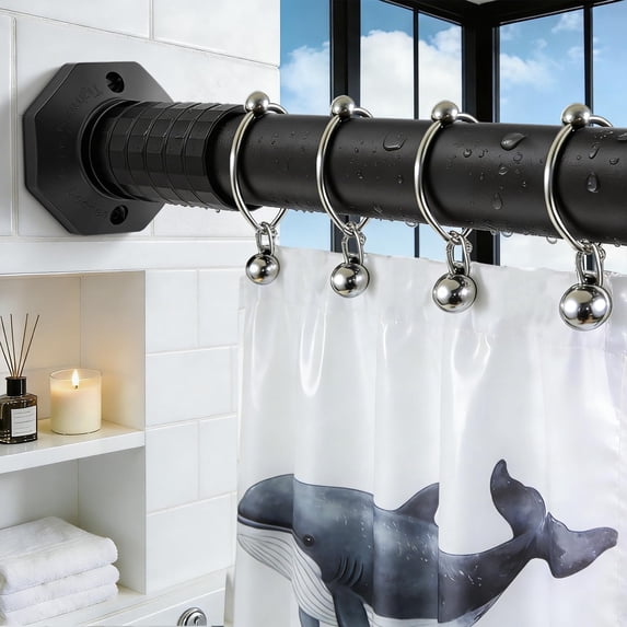 VEGCOO Tension-Retractable Curtain Rod, 45-109 Inch Adjustable Spring Curtain Rod, Dual Installation Methods (Drill-Free/Screw-Fixed), Suitable for Patios, Windows, and Shower Curtain Rods, Black