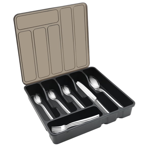 VEGCOO Utensil Holder with Lid, 6-Compartment Silverware Organizer for Kitchen drawer, Portable Cutlery Caddy for Spoons, Forks, Knives, Large Flatware Storage Box and Utensil Holder , Black