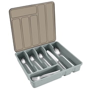VEGCOO Silverware Organizer with Lid,6-Compartment Utensil Holder for Kitchen Drawer, Portable Cutlery Caddy for Spoons, Forks, Knives, Large Flatware Storage Box,Silverware Tray for Drawer ,Gray