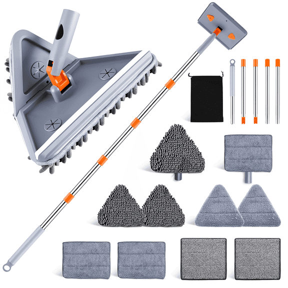 VEGCOO Wall Mop Cleaner Long Handle 38.4inch ,270 Folding Ceiling Cleaning Tool with Squeegee,Triangle Baseboard Scrubber with 4 Chenille Duster and 4 Microfiber Pads for Cleaning Window, Cabinet