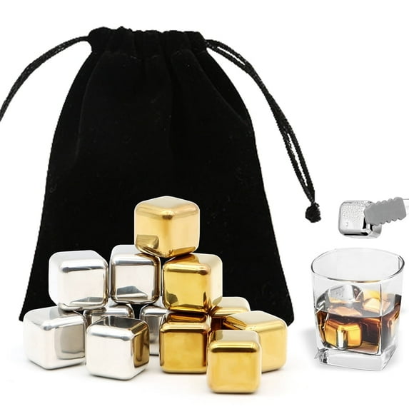 VEGCOO 12-Pack Stainless Steel Whiskey Stones - Reusable Ice Cubes with Tray & Tongs (Silver+Gold)