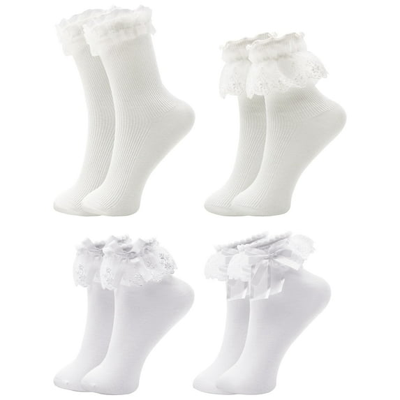 VEGCOO White Frilly Socks Women Girls Lace Socks with Bowties, White Ruffle Socks Beautiful Frilly Socks Cotton Socks Princess Style Dress Socks for Ladies Girls, Sports and Leisure