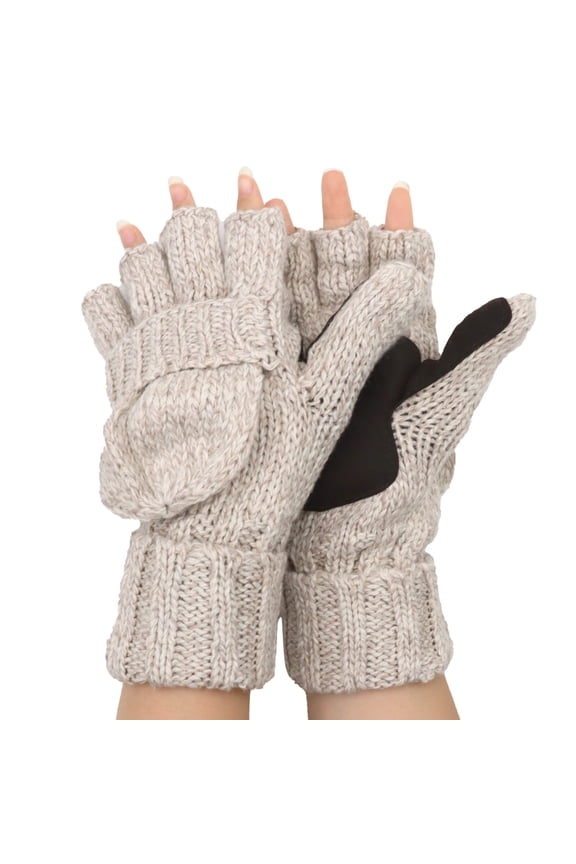 Winter Fingerless Gloves for Men & Women - Convertible Knit Mittens with Flip Cover, Warm Wool Blend, Non-Slip Leather Palm, Adjustable Hook & Loop Strap