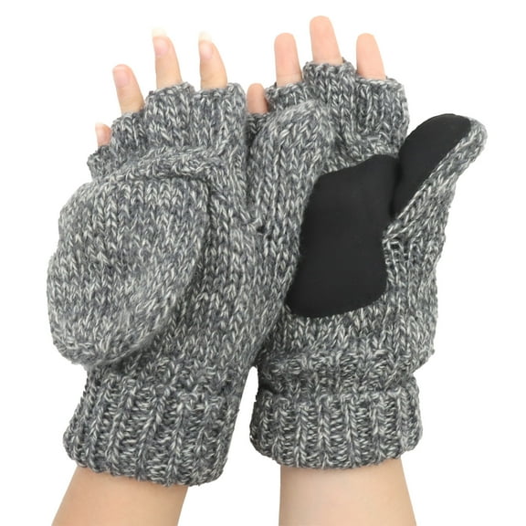 VEGCOO Winter Fingerless Gloves for Men & Women - Convertible Knit Mittens with Flip Cover, Warm Wool Blend, Non-Slip Leather Palm, Adjustable Hook & Loop Strap
