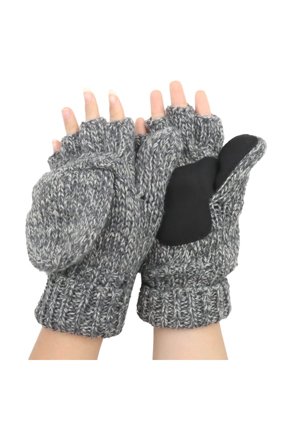 Winter Fingerless Gloves for Men & Women - Convertible Knit Mittens with Flip Cover, Warm Wool Blend, Non-Slip Leather Palm, Adjustable Hook & Loop Strap