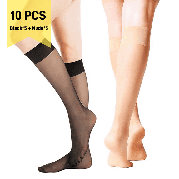 VEGCOO Women's 10 Pairs Knee High Pop Socks Black Nude Nylon Socks 15 Denier Breathable Socks One Size