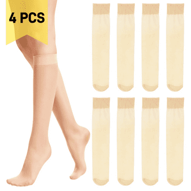 VEGCOO Women's 4 Pairs Knee High Pop Socks Nude Nylon Socks 15 Denier Breathable Socks One Size