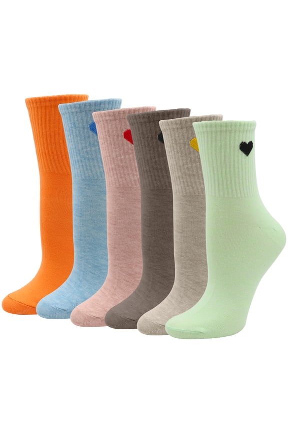 Women's 6-Pack Cotton Crew Socks with Heart Design - Mid-Calf Casual Socks for Spring, Fall, Winter