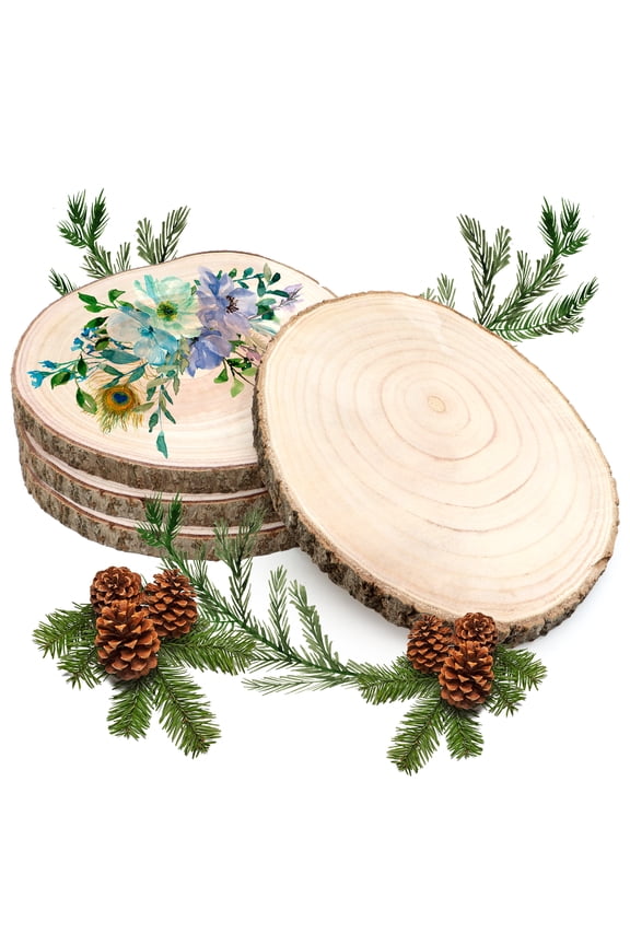 Wood Slices 4 Pcs7-8 Inches Unfinished Wood Rounds, Natural Paulownia Wood Slices for Centerpieces, Wood Pieces Decoration with Bark, DIY Wooden Ornaments for Wedding, Painting