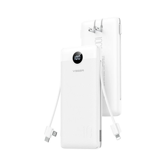 VEGER All in One Travel Portable Charger with Built-in AC Plug & Cables, 10000mAh Slim Power Bank Battery Pack, 15W Fast Charging Compatible with iPhone, Samsung, Android-White