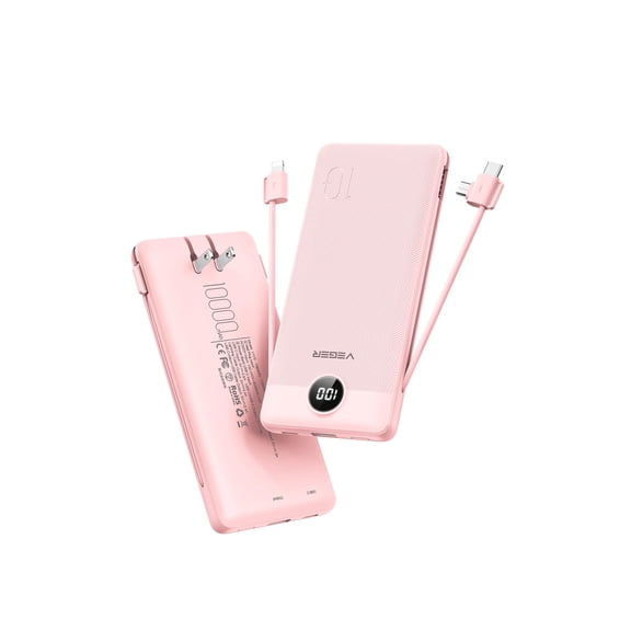 VEGER Portable Charger with Built-in AC Plug and Cables, All in One 10000mAh Ultra Slim Power Bank Travel Essentials, 15W Fast Charging Battery Pack Compatible with iPhone, Samsung, Android (Crepe)