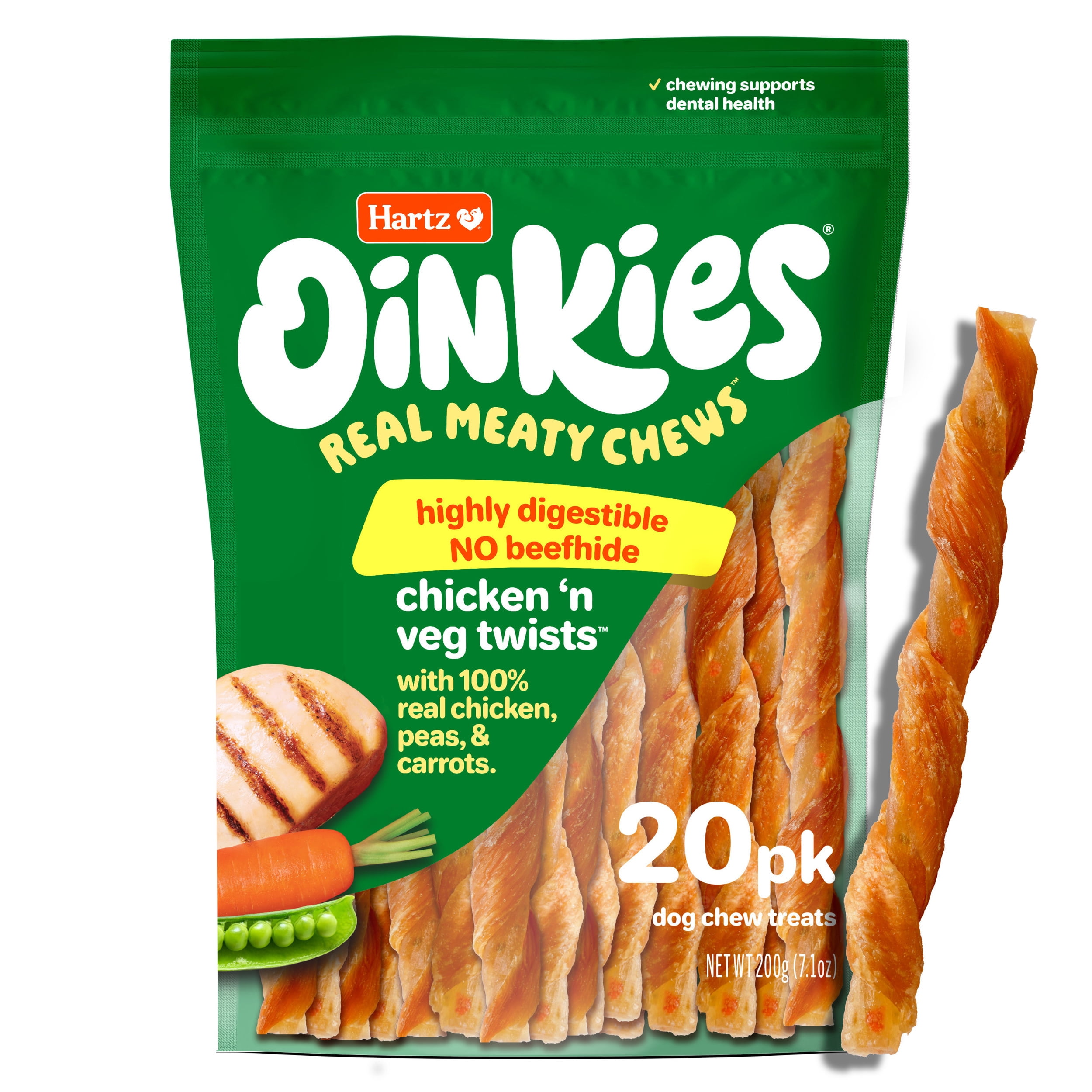 Hartz Oinkies Chicken 'n Veg Twists, Real Meaty Dog Chews with 100% Real Chicken, Pea and Carrots, 7.1 oz Bag, 20ct