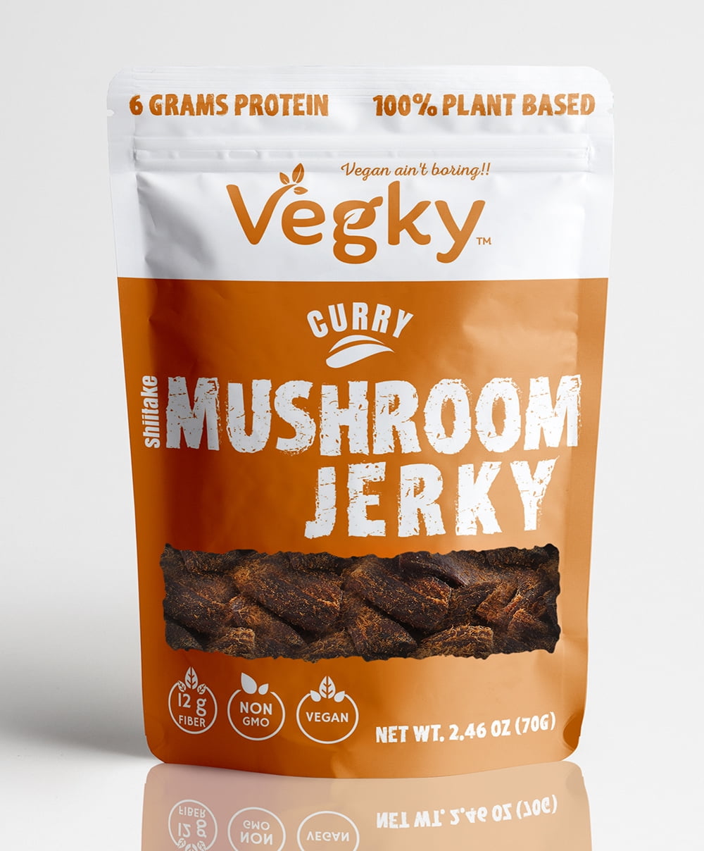 VEGKY Vegan Shiitake Mushroom Jerky CURRY 70 Grams 2.46 oz NonGMO Vegetarian Meatless Snack