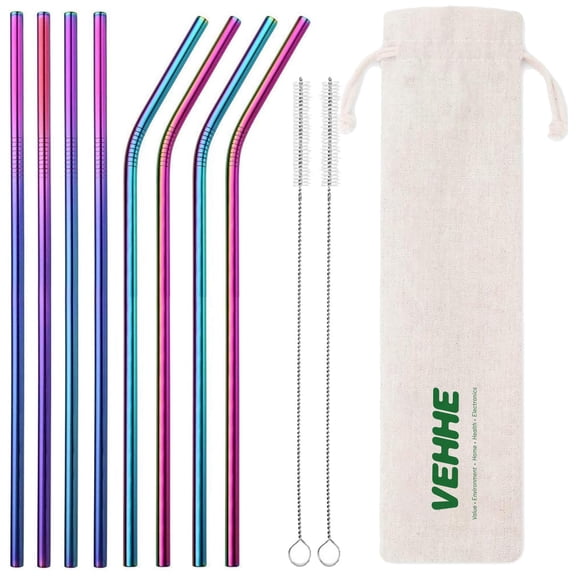 VEHHE Metal Straws Drinking Straws 10.5" Stainless Steel Straws Reusable 8 Set - Ultra Long Rainbow Color-Cleaning Brush for 20/30 Oz for Yeti