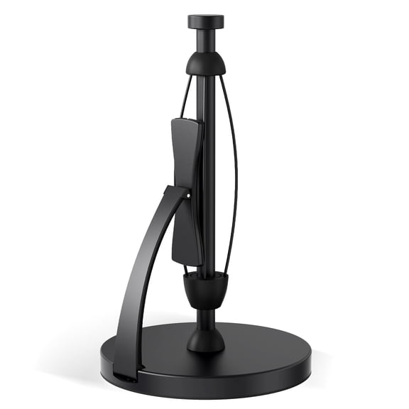 VEHHE Paper Towel Holder Countertop, Black Paper Towel Holder with Spring Activated Arm and Damping Effect, Simply Tear Paper Towel Stand for Bathroom and Kitchen (Black)