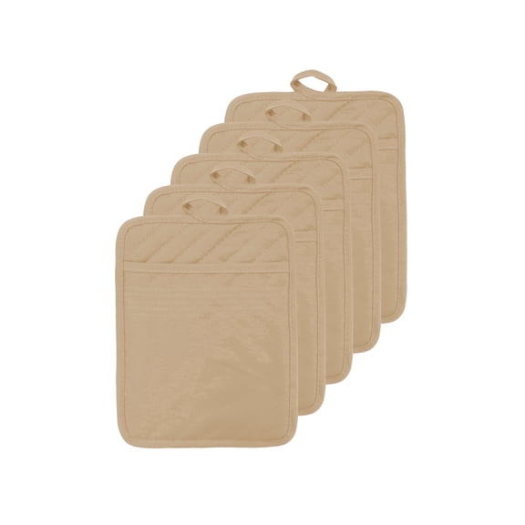 VEIKERY Oven Pot Holder with Pocket, Heat Resistant Beige Square Cotton Pot Holders 5 Count