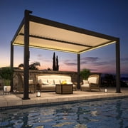VEIKOUS 10 x 13Ft Louvered Pergola with Solar LED Lights, Outdoor Adjustable Metal Gazebo with Built-in Drainage System and Motor-Free Manual Handle for Backyard, Deck, Garden