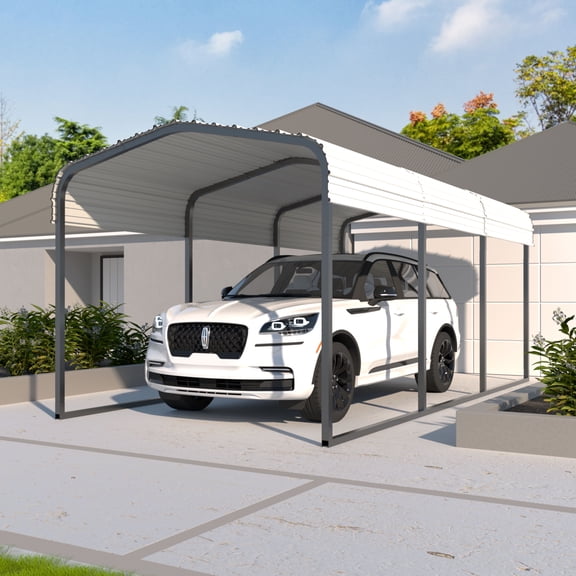 VEIKOUS 10' x 15' Outdoor Carport, Metal Heavy Duty Garage with Weatherproof Roof, Light Beige