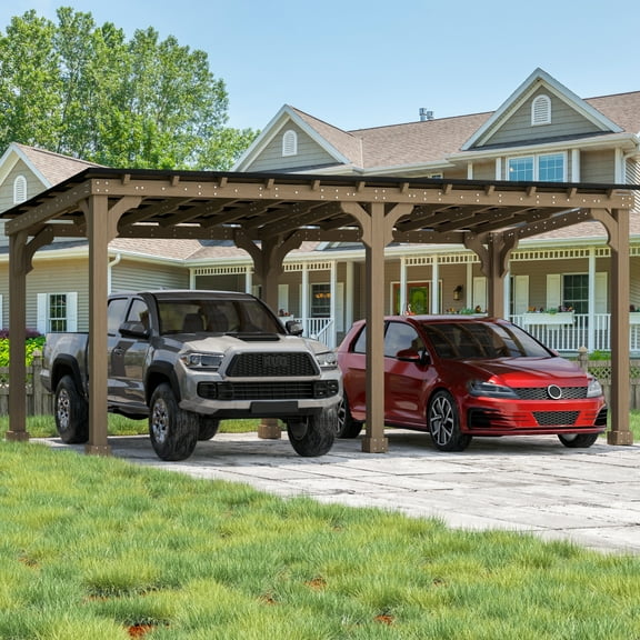 VEIKOUS 20'x 10' Outdoor Gazebo, Wooden Heavy Duty BBQ Pergola with Metal Sloped Roof for Car Shelter, Light Mocha Brown