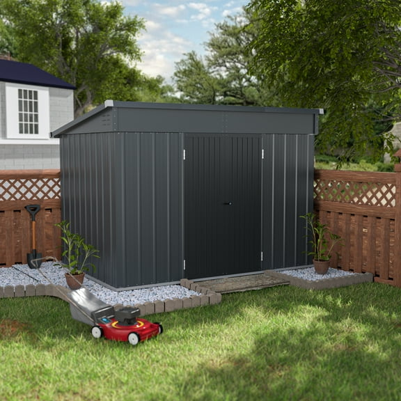 VEIKOUS 6‘ X 10' Outdoor Storage Shed with Lockable Doors, Sloped Roof Steel Shed Shelter for Patio, Backyard, Gray
